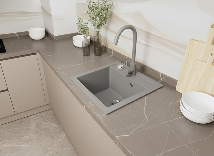 Faizee Möbel | Hochwertige beidseitig montierbare Granitspüle 48 x 50 cm in Grau – Eckige Einbauspül