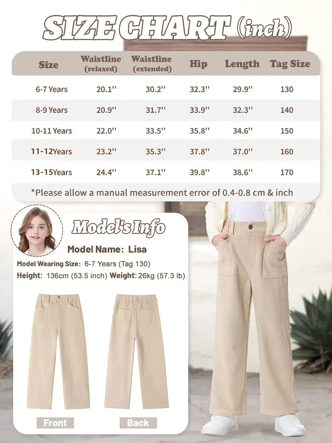 Rolanko Mädchen Cordhose, Pull On Elastische Taille Gerades Bein Abgeschnitten Lange Hosen für Kinde