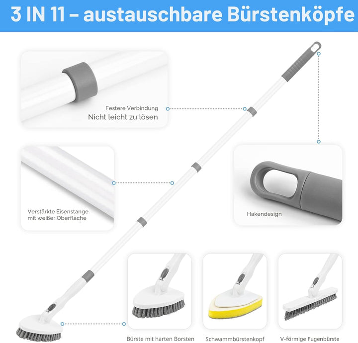 3 in 1 Schrubber mit Stiel, Scrubber Dusche Reinigungsbürste 130.81CM Abnehmbarer Langer Griff steif