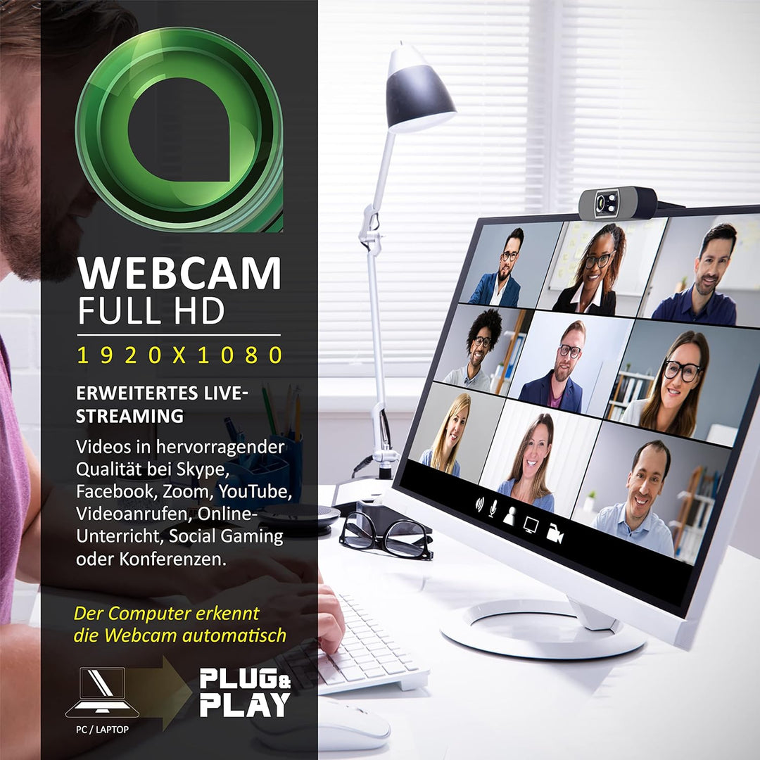 CSL - Full-HD Webcam 1080p mit Auto-Lichtkorrektur, 30 FPS mit Mikrofon, Belichtungskorrektur, USB-A