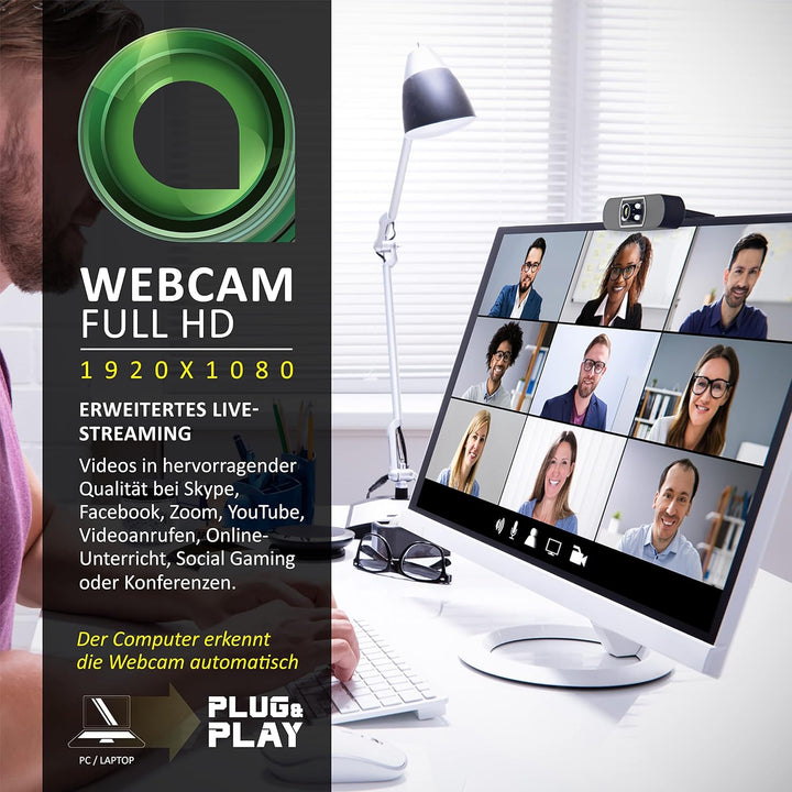 CSL - Full-HD Webcam 1080p mit Auto-Lichtkorrektur, 30 FPS mit Mikrofon, Belichtungskorrektur, USB-A
