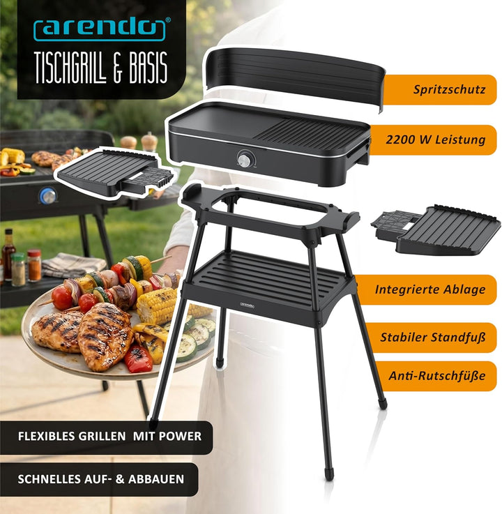 Arendo - Tischgrill Edelstahl, Elektrogrill mit Thermostat, Barbecue Standgrill 2200W, Electric Gril