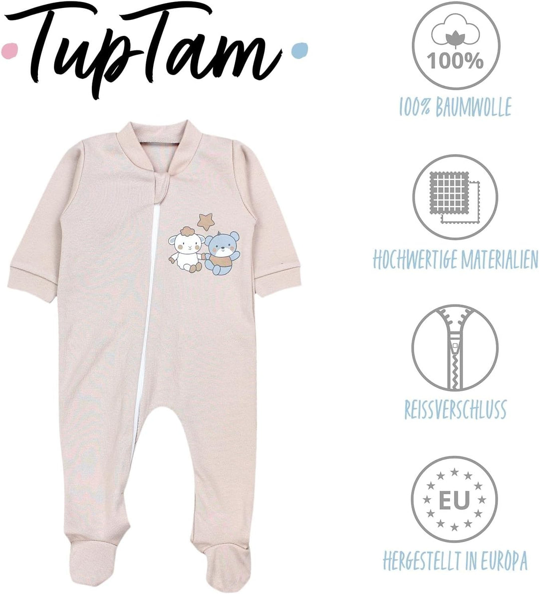TupTam Unisex Schlafstrampler 3er Pack Baumwolle mit Reissverschluss 62 Bärchen Sterne Beige, 62 B&#