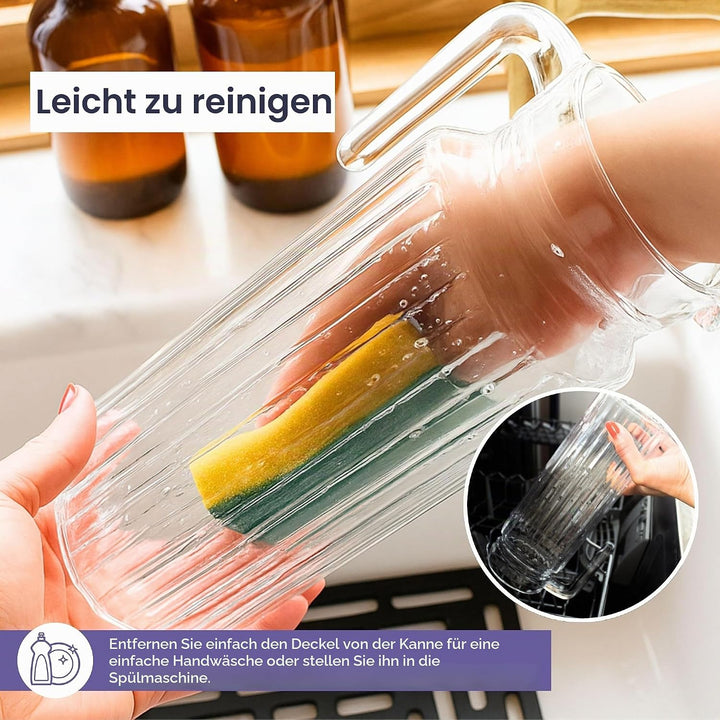 Kühlschrankkrug 1,7L Glas Wasserkrug mit Deckel (2er Pack) – Glaskrug Geriffeltem Glasdesign & Griff