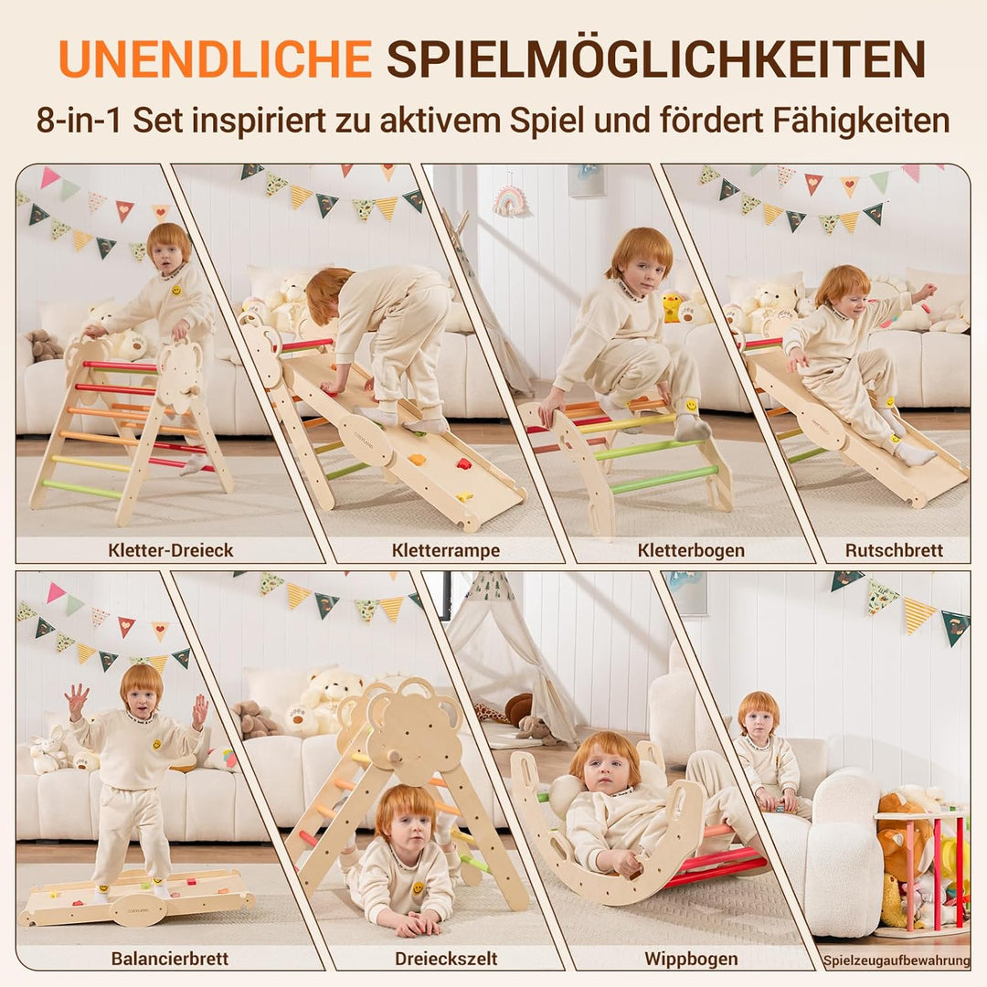 COSYLAND 8-in-1 Klettergerüst Indoor L – Grosses Kletterdreieck Set mit Kletterbogen & Rutsche – War
