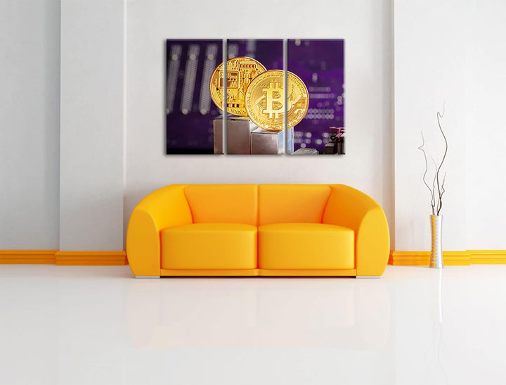 Bitcoin BTC auf Platineals Leinwandbild 3 teilig | Grösse: 120x80 cm | Wandbild | Kunstdruck | ferti