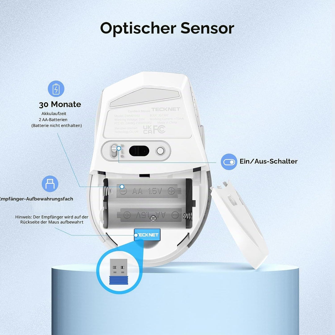 TECKNET Silent Maus Kabellose, 4800DPI 2.4GHz Leise Funkmaus mit Nano Empfänger, Side Control, Ohne