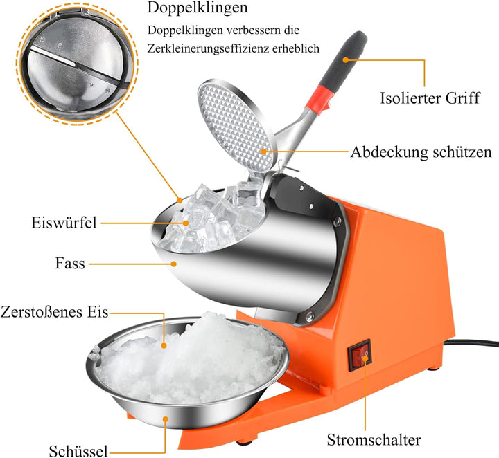 Elektrischer Ice Crusher, 300W Eiszerkleinerer 80kg/h,Doppelmesser Eiscrusher, Doppelmesser Eiscrush