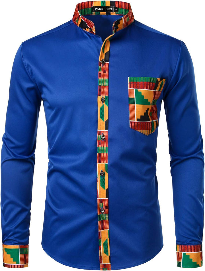 PARKLEES Herren African Tribal Grafik Patchwork Design Slim Fit Langarm Freizeithemd Party Shirt für