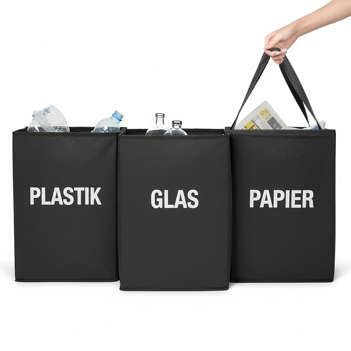 Spetebo Mülltrennsystem Tasche schwarz mit Griffen wiederverwendbar - 3 x 38 L - Recycling Müllsamml
