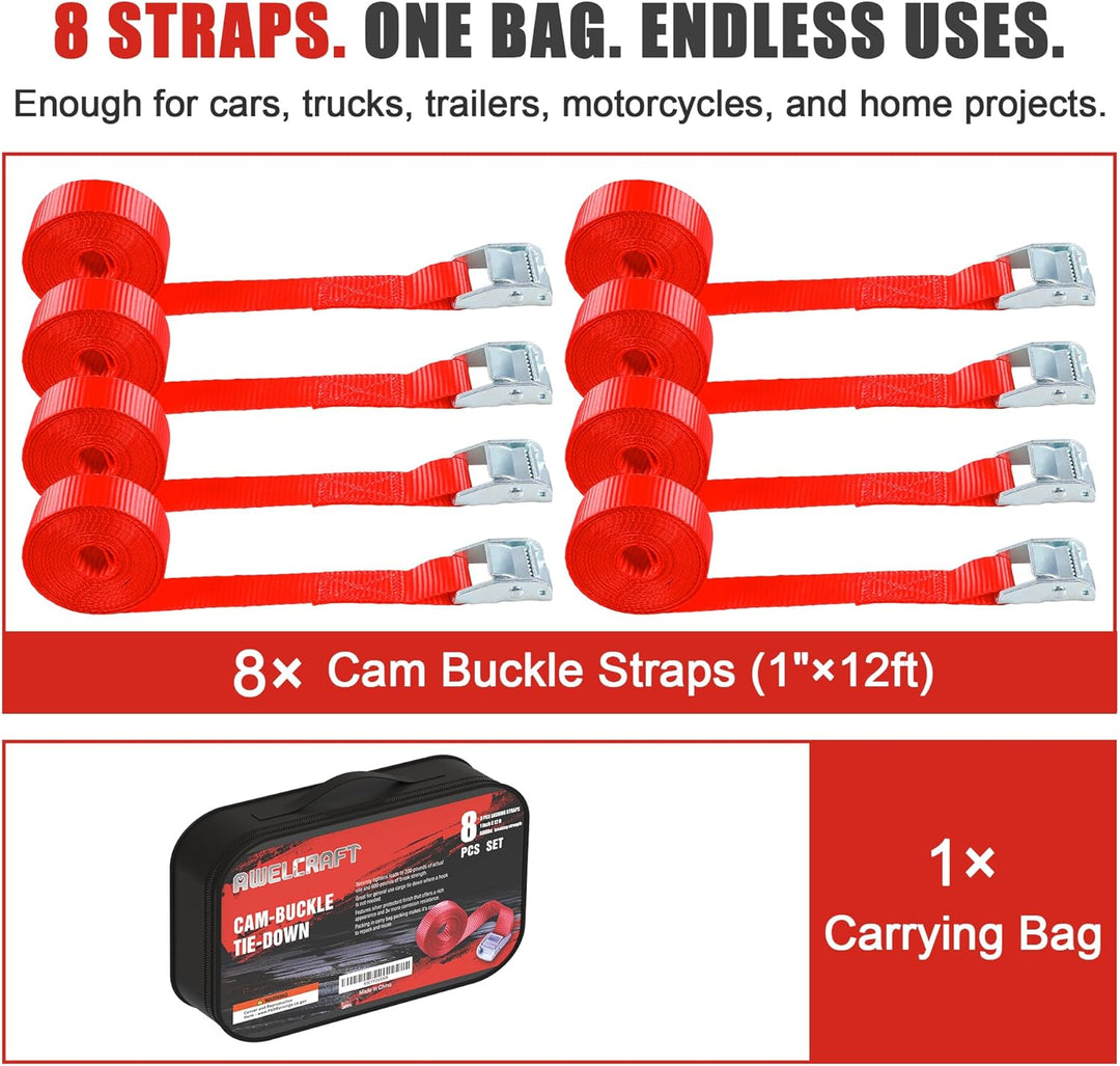 AWELCRAFT 8 Stück Zurrgurte mit Cam-Schnalle – 2,5 cm x 3,6 m, 272 kg Bruchfestigkeit, Rot mit Trage