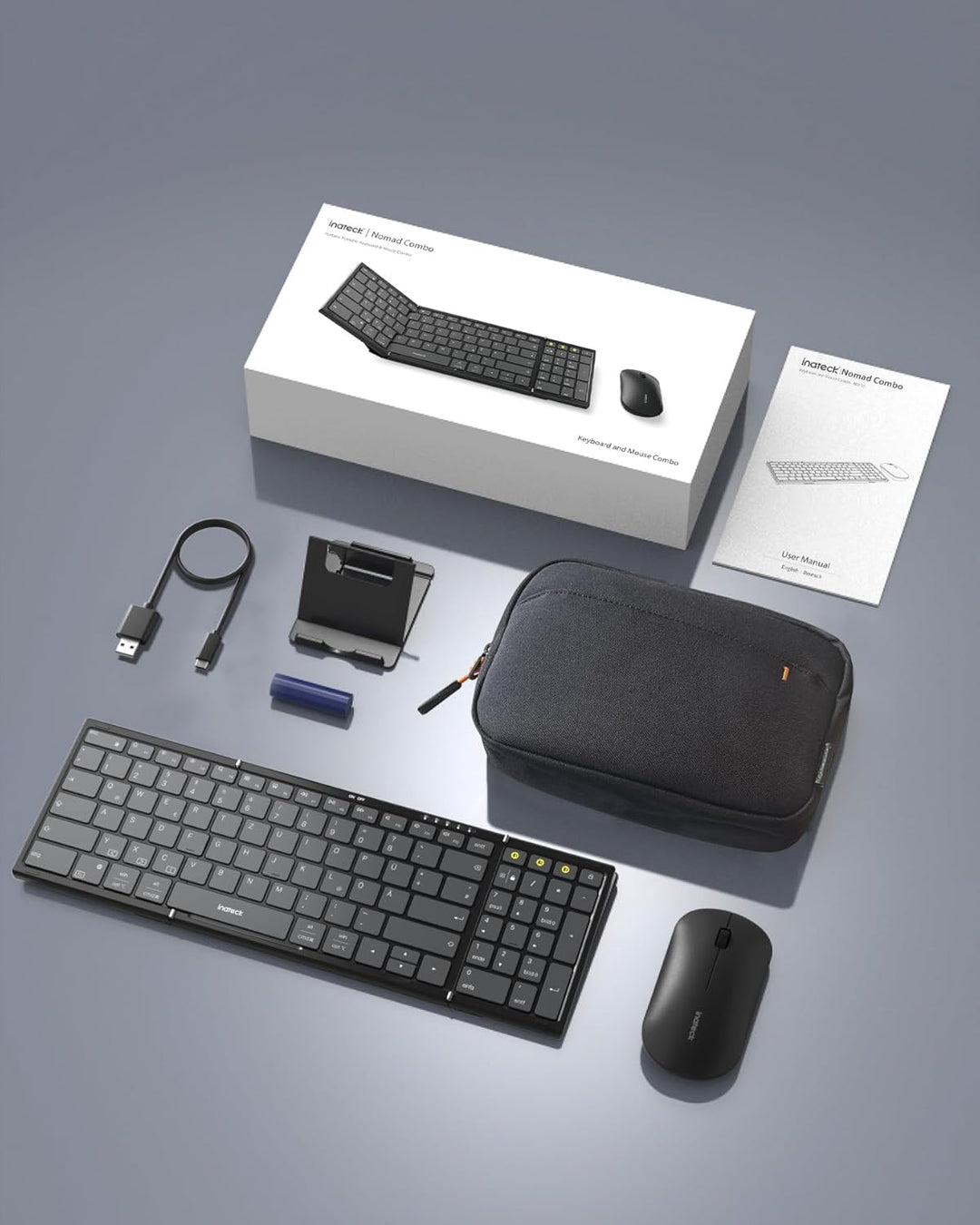 Inateck Faltbare Bluetooth 5.3 tragbare Tastatur und Tri-Mode-Maus-Set mit Numpad, verstellbarem Stä