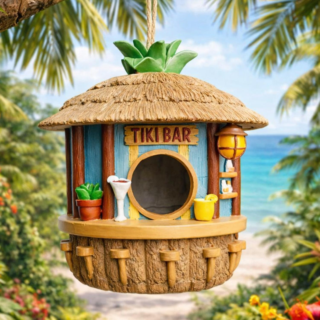 MikaMax Tiki Bar Vogelhaus - Hängendes Vogelhaus - Für Kleine Vögel - Tropische Gartendeko - Wetterf