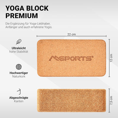 MSPORTS Yogablock Premium I 2er Pack Yogaklotz Kork 2x Yogablöcke, Kork 2x Yogablöcke