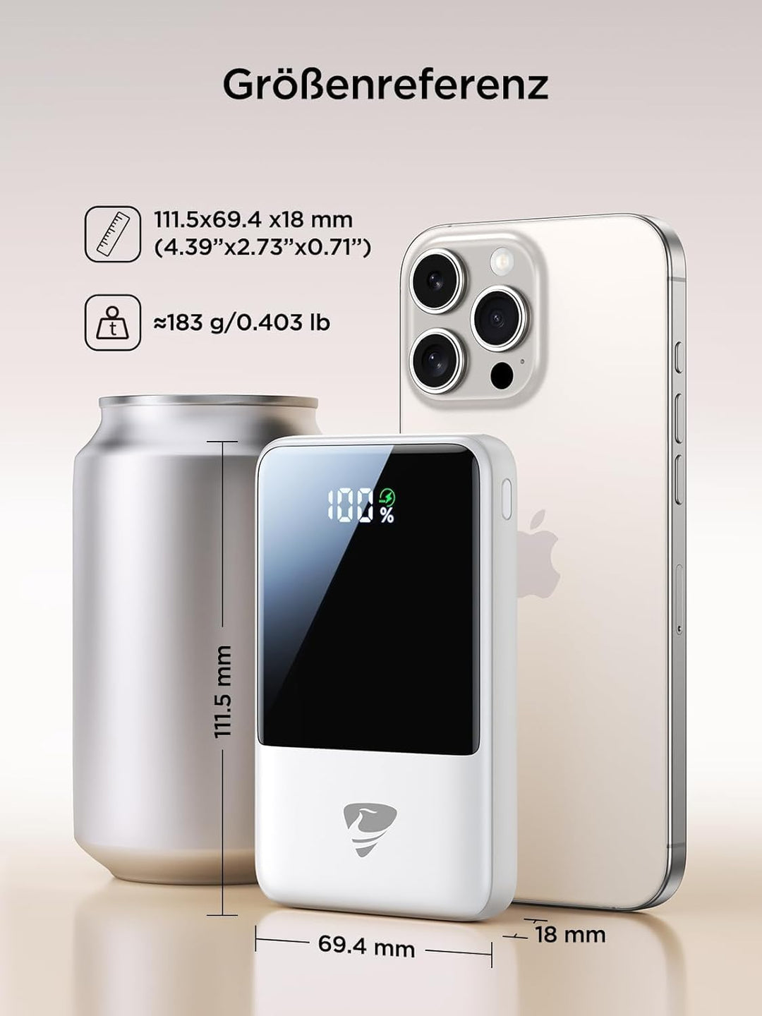 Aioneus Power Bank, Mini Powerbank 10000mAh mit integrierte Kabel (USB-C + Lightning) - Klein 22.5W