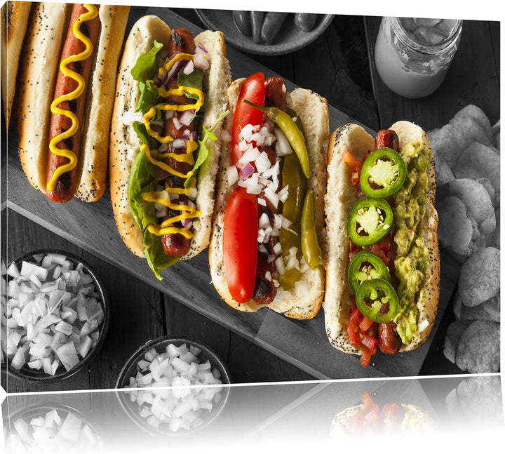 Delikate Hotdogs schwarz/weiss Format: 120x80 cm auf Leinwand, XXL riesige Bilder fertig gerahmt mit