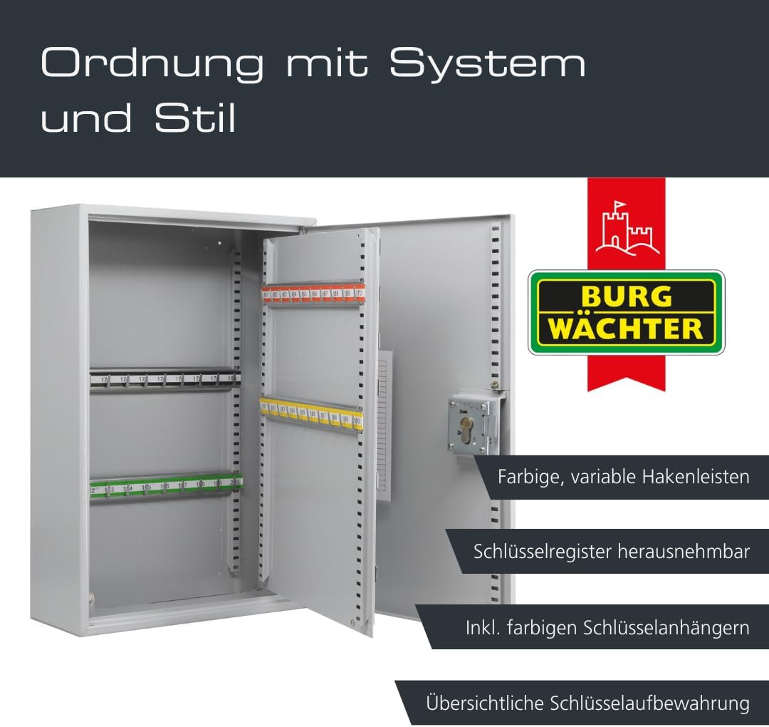 BURG-WÄCHTER Schlüsselschrank zur Wandmontage, Farbige Hakenleisten und Schlüsselanhänger, Herausneh