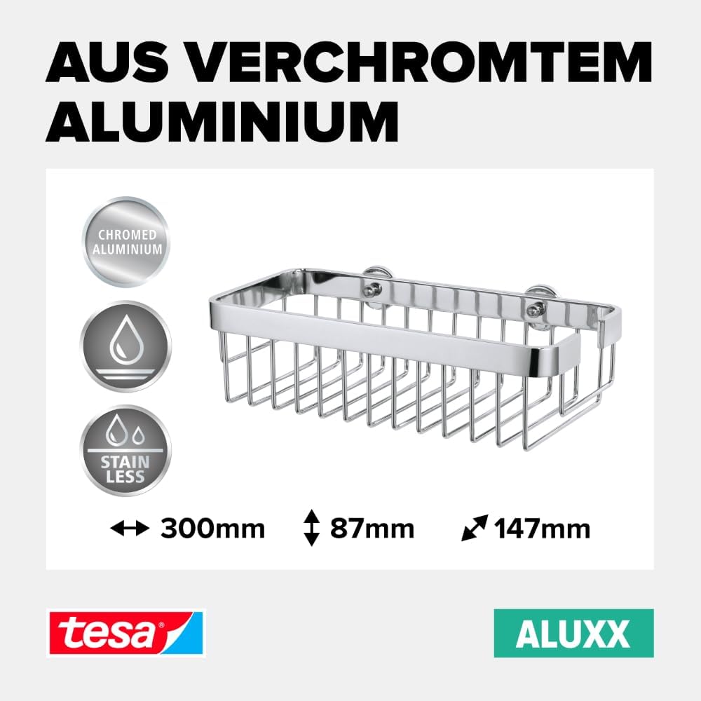 tesa ALUXX Badablage, Aluminium, verchromt, garantiert rostfrei, extra tiefer Boden, inkl. Klebelösu