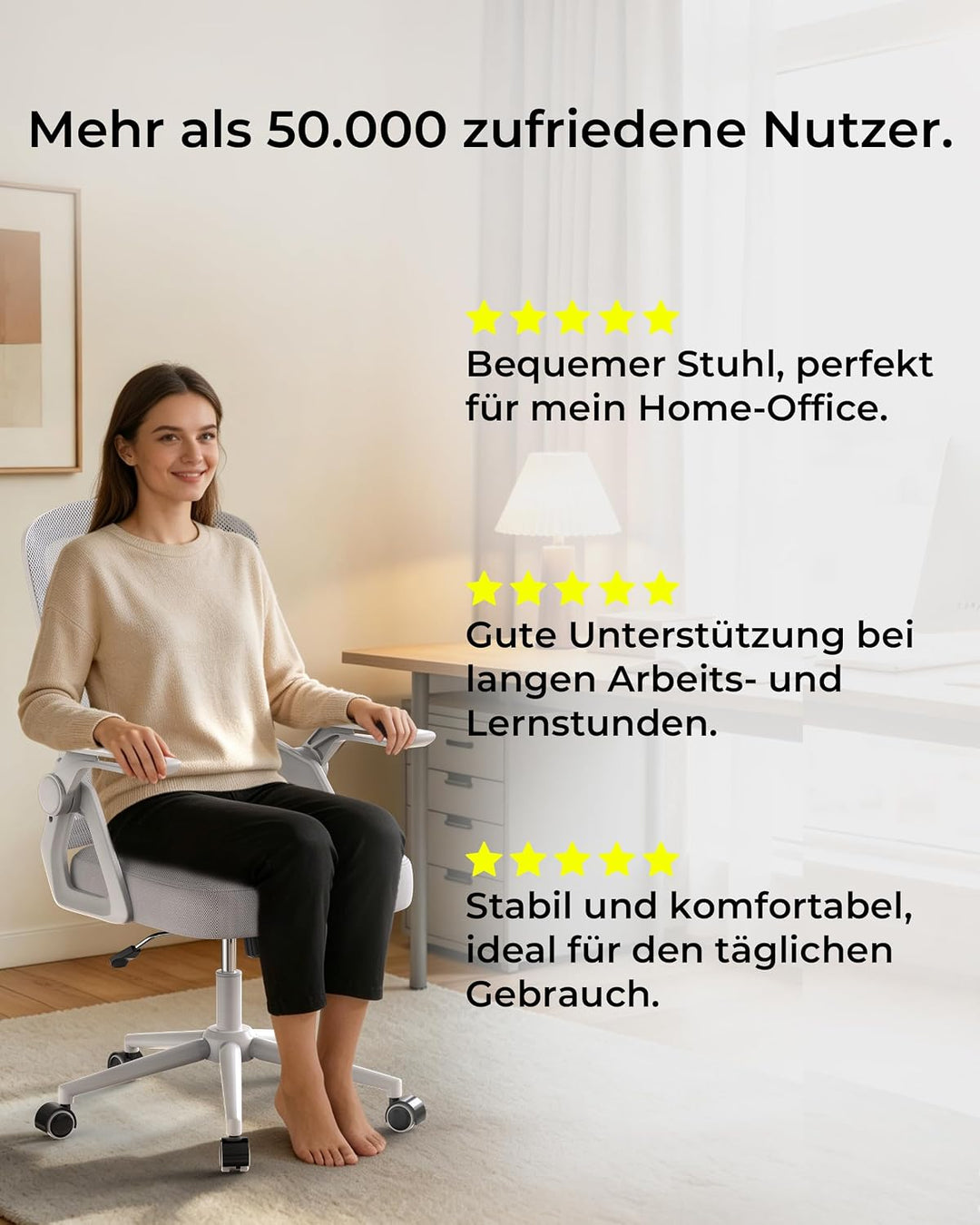 rattantree Schreibtischstuhl Ergonomischer Grau für Zuhause Büro | Bürostuhl mit Verstellbaren Armle
