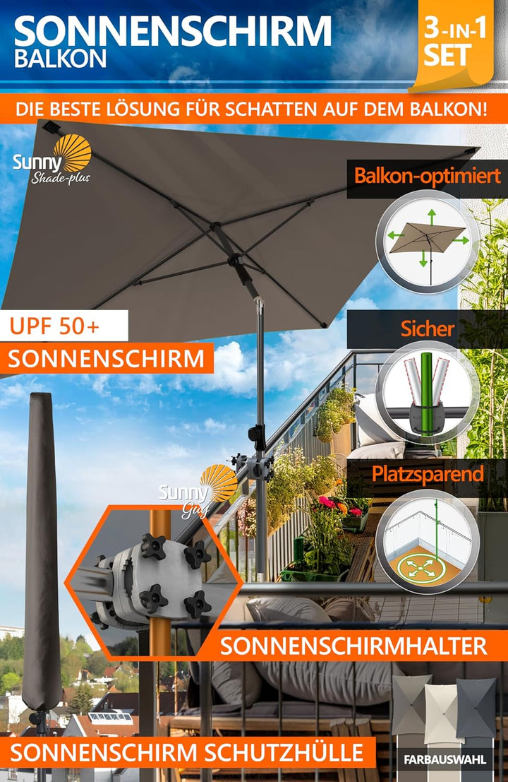 4smile Sonnenschirm Balkon SunnyShade, Taupe - 3-in-1 SET Sonnenschutz Balkon - UPF 50+ Sonnenschirm