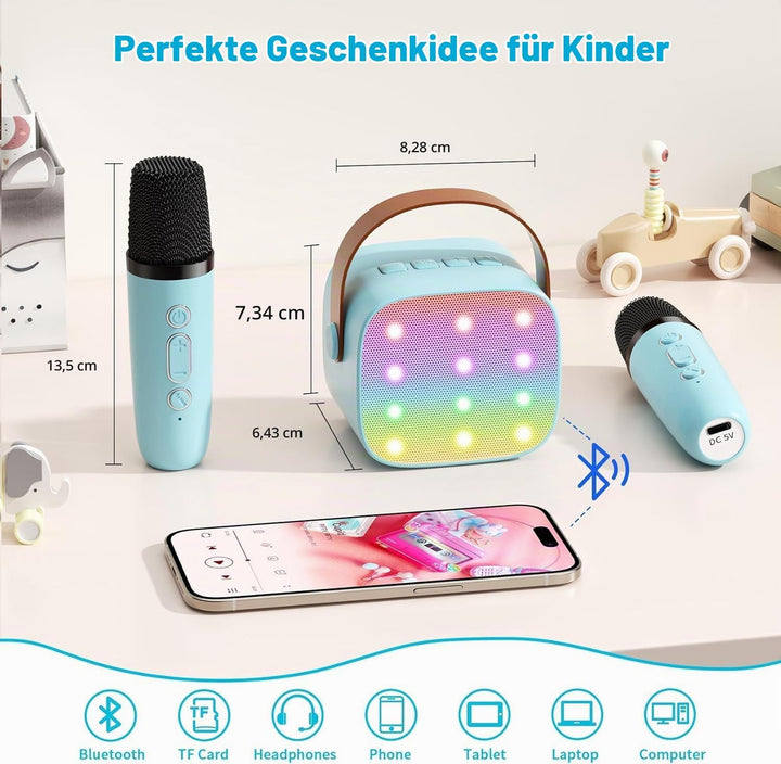Mini-Karaoke-Maschine mit 2 kabellosen Mikrofonen, Top-Tragbare Bluetooth-Karaoke-Maschine für Kinde