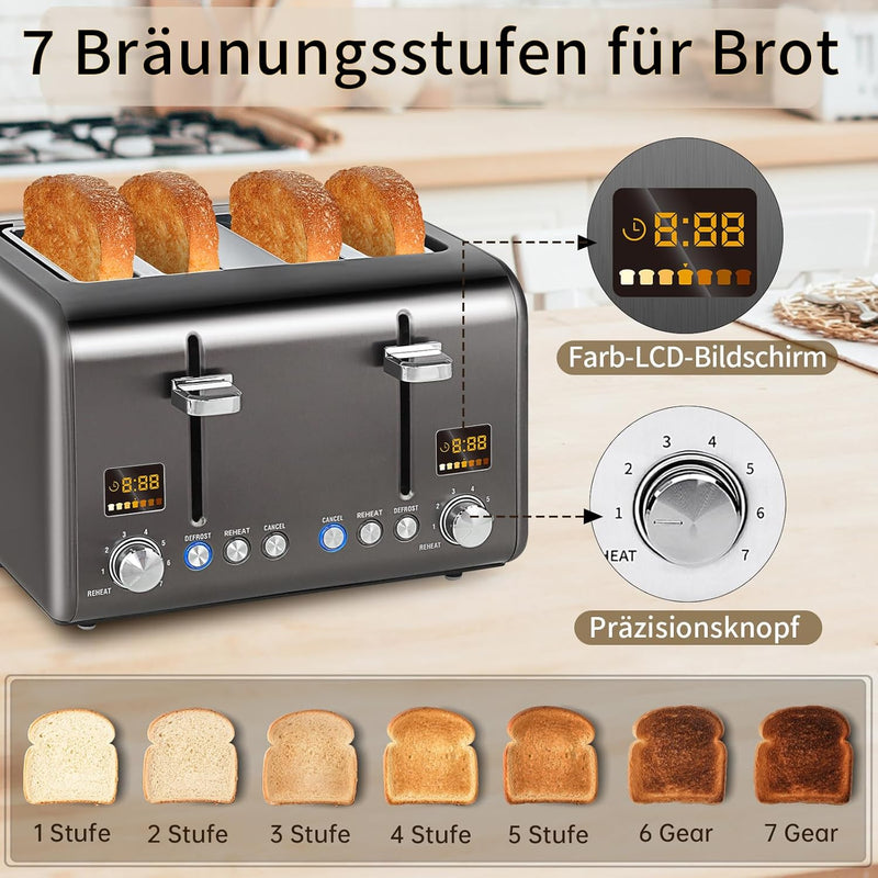 SEEDEEM 4 Slice Toaster, Stainless Steel Bread Toaster with Colorful LCD Display, 7 Bread Shade Sett