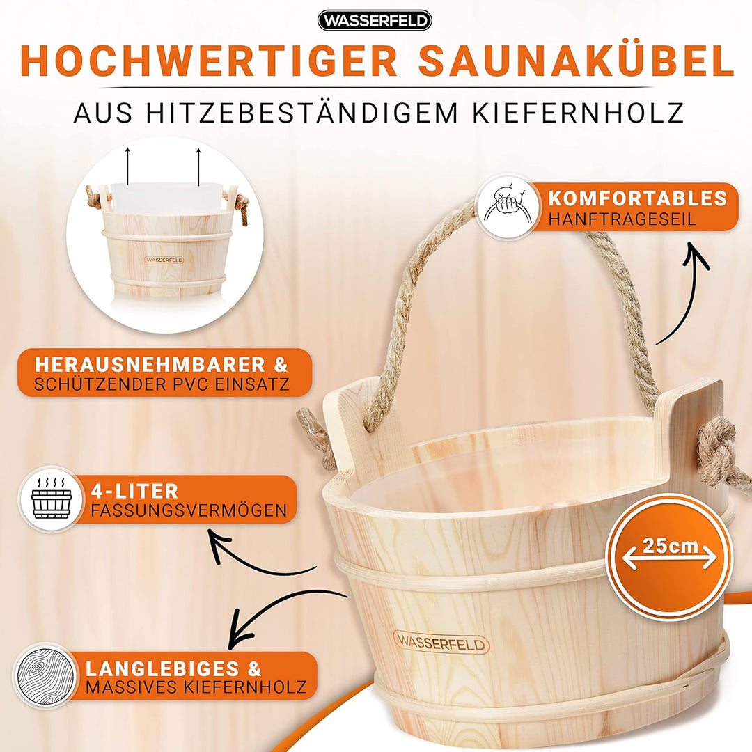 WASSERFELD® Sauna Eimer Set (4 Liter) - Hochwertiger Sauna Eimer mit Kelle, Sanduhr, Thermo- & Hygro