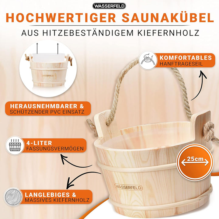 WASSERFELD® Sauna Eimer Set (4 Liter) - Hochwertiger Sauna Eimer mit Kelle, Sanduhr, Thermo- & Hygro