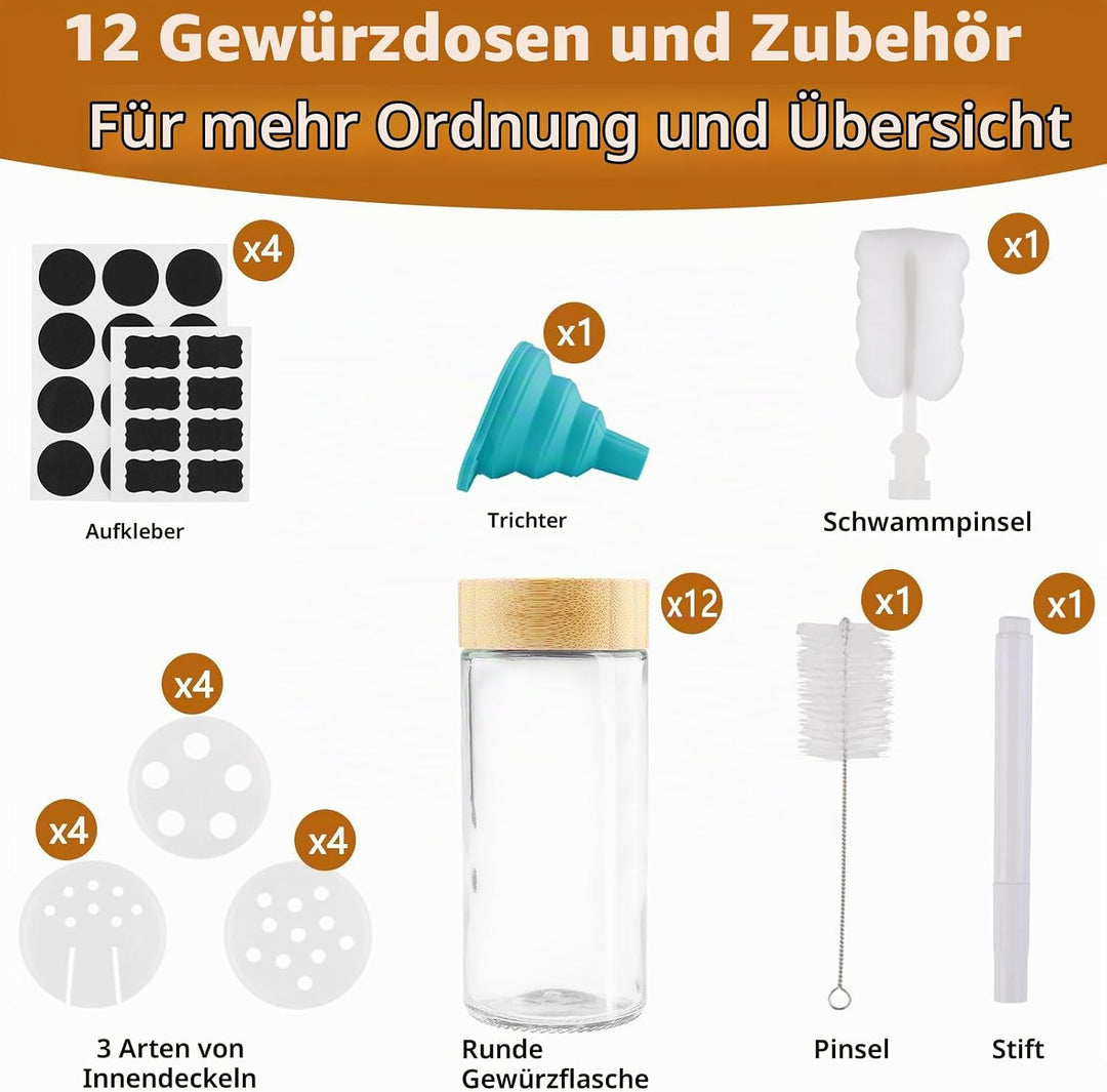 Gewürzdosen Hochwertigem Holzdeckel [12 Stücke],120 ml Gewürzgläser, Gewürzstreuer Glas Gewürzbehält