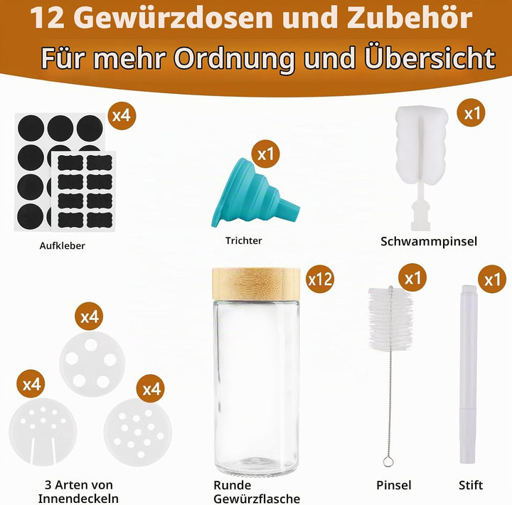 Gewürzdosen Hochwertigem Holzdeckel [12 Stücke],120 ml Gewürzgläser, Gewürzstreuer Glas Gewürzbehält