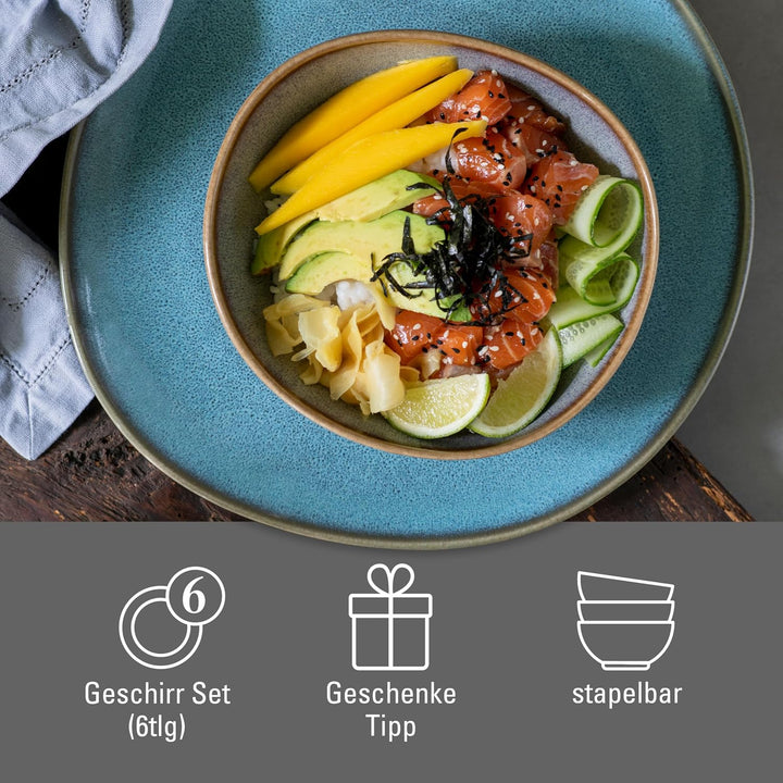 like. by Villeroy &amp; Boch - Lave glacé Geschirr Set aus Steingut, 6tlg., Pottery Look, Frühstückservi