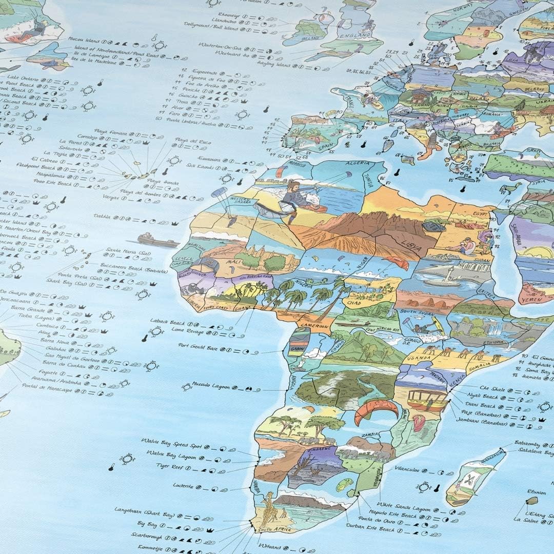 Kitesurf Weltkarte | AWESOME MAPS | Entdecke die 300 Besten Wellen der Welt - 97,5 x 56cm Poster (Ki