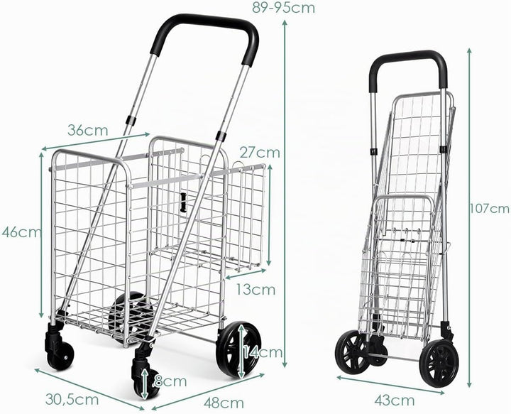 COSTWAY Klappbarer Einkaufstrolley, Einkaufswagen mit Universalrädern &amp; Doppelkorb, 48L+10L, Tragbar