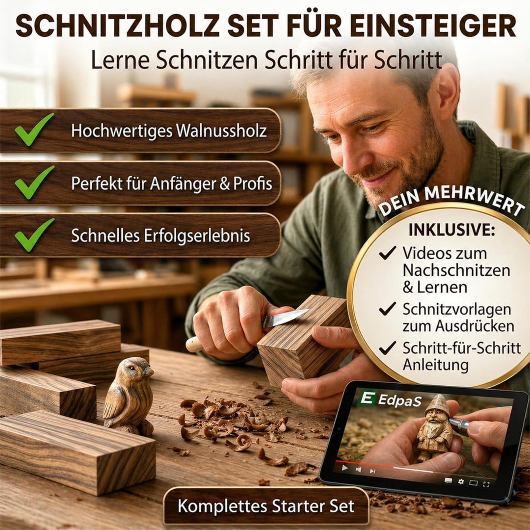 EdpaS Walnuss Schnitzholz Set 10 Stück – Schnitzrohlinge aus Walnussholz in 3 Grössen, Holzklötze zu