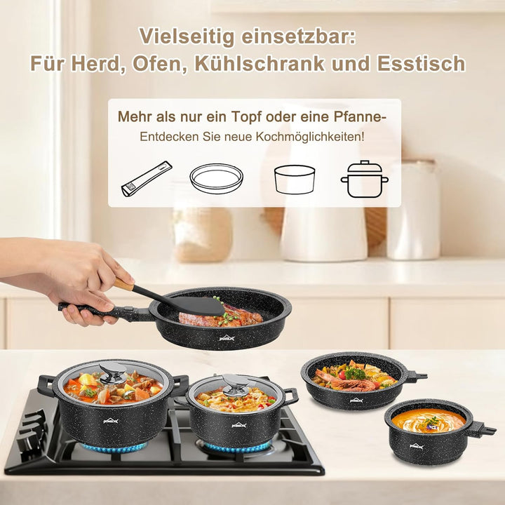 HOMELUX Topfset Induktion mit Abnehmbarer Griff,10-TLG Topf und Pfannenset, Pfanne 24/28cm,Milchtopf
