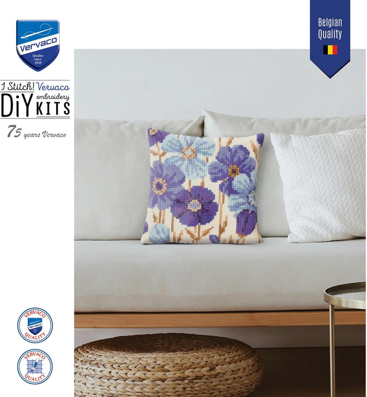 Vervaco VER Kreuzstichkissen Anemonen in Blau, Baumwolle, Mehrfarbig, 40 x 40 x 0.3 cm
