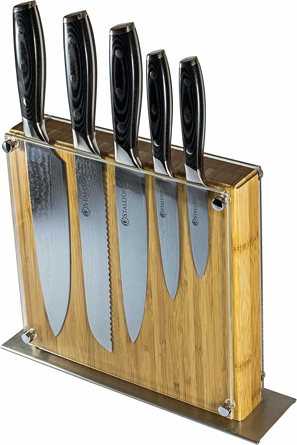 Stallion Damastmesser Wave Messerset - Messer aus Damaststahl mit Messerblock - mit MEISTERSCHLIFF M