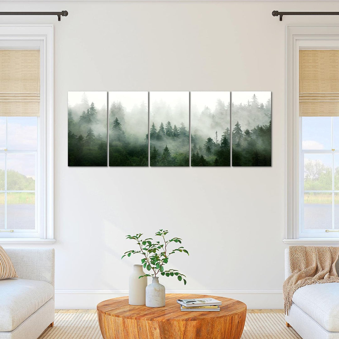 Runa Art Wandbild XXL Wald Natur Wohnzimmer Schlafzimmer 200 x 80 cm Grün Grau 5 Teilig - Made in Ge