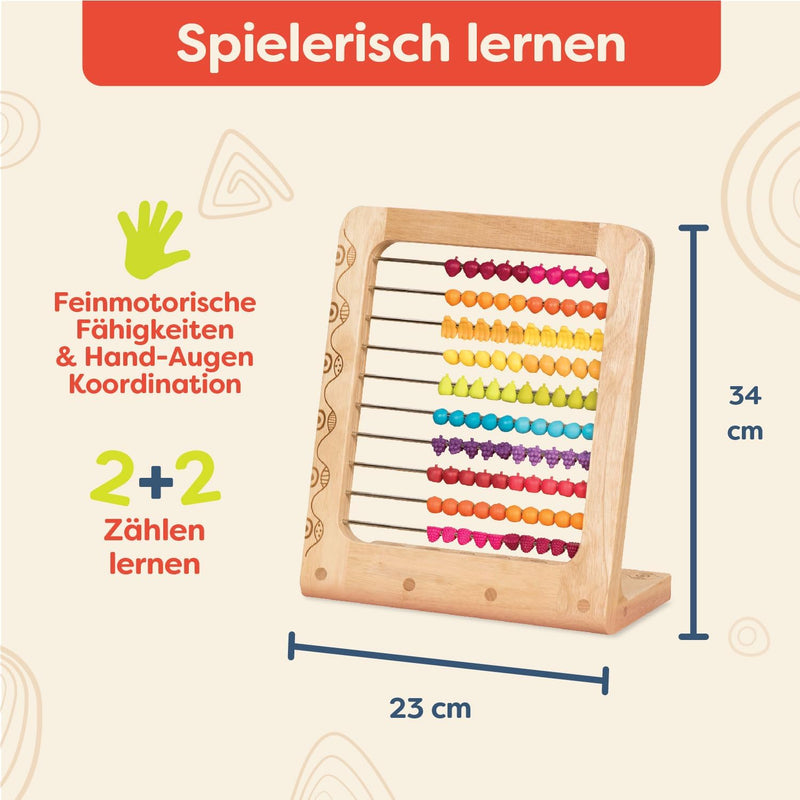B. toys Rechenschieber aus Holz mit 100 Perlen – Lernspielzeug Abakus mit bunten Obstperlen – Rechen