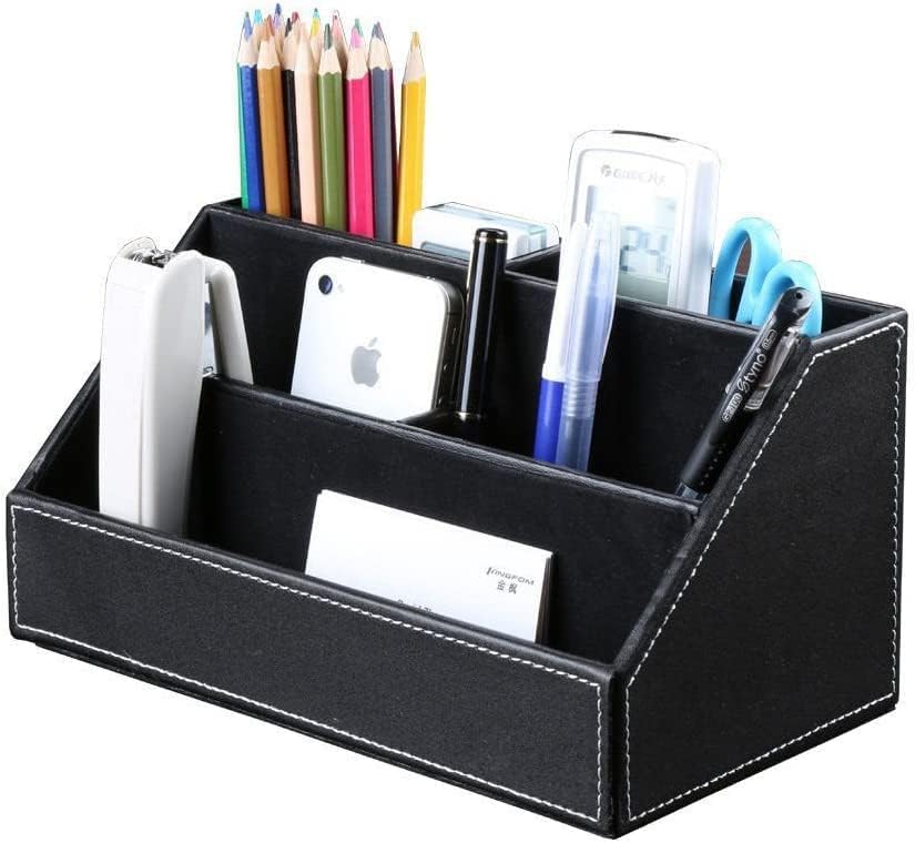 KINGFOM Büro Zubehör Set Schwarz, 5Pcs PU Leder Schreibtisch Set mit Schreibtisch Organizer, Kosmeti
