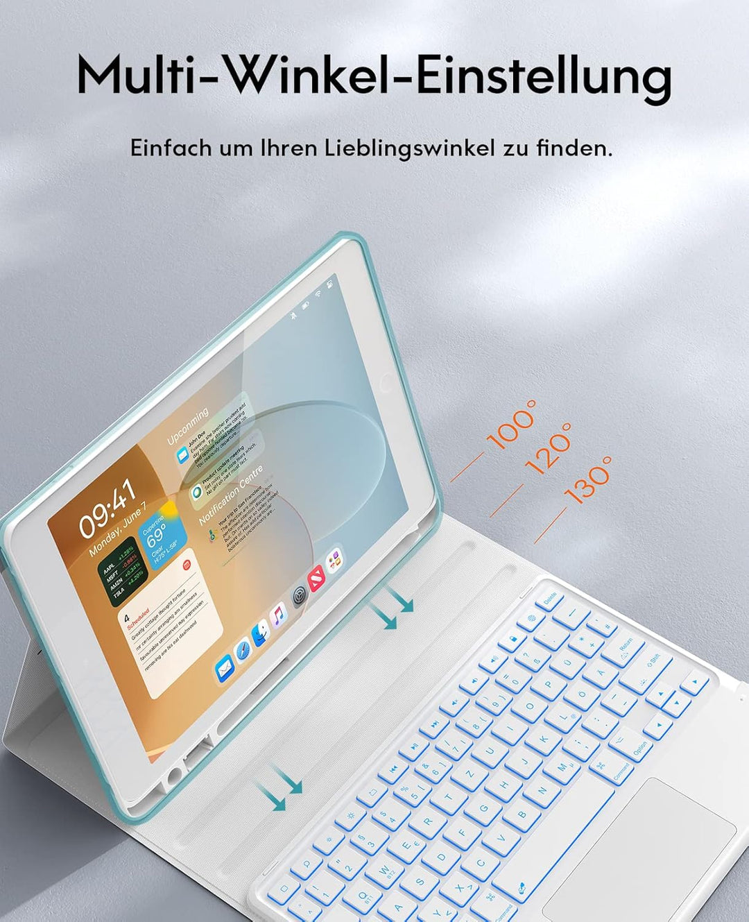 CHESONA iPad 10.2 Tastatur Hülle mit Touchpad, 7-Farbige Beleuchtung für 9/8/7. Generation, 2 BT Kan