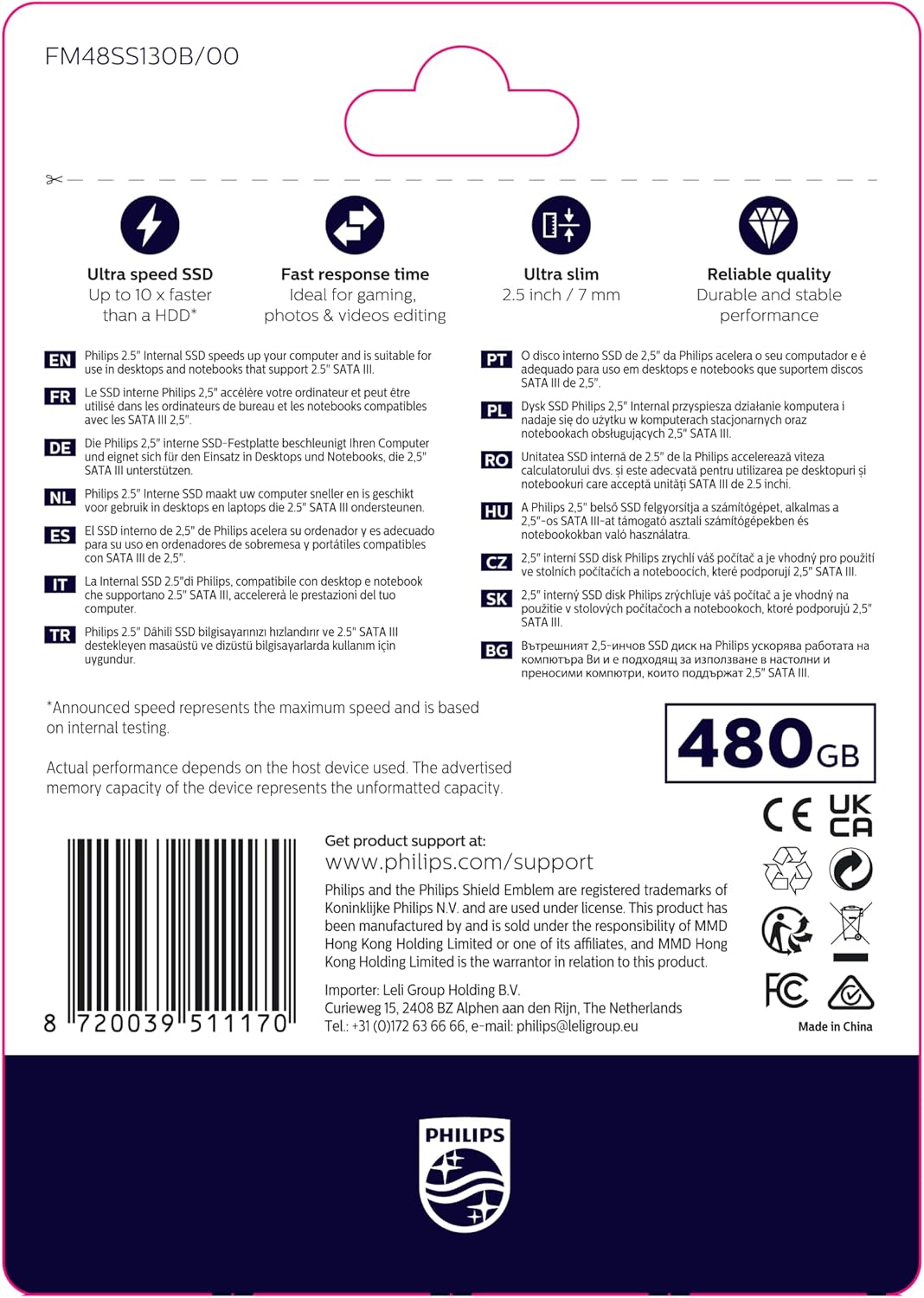 Philips Interne SSD 2,5" SATA III 480GB Ultra Speed 480 GB, 480 GB