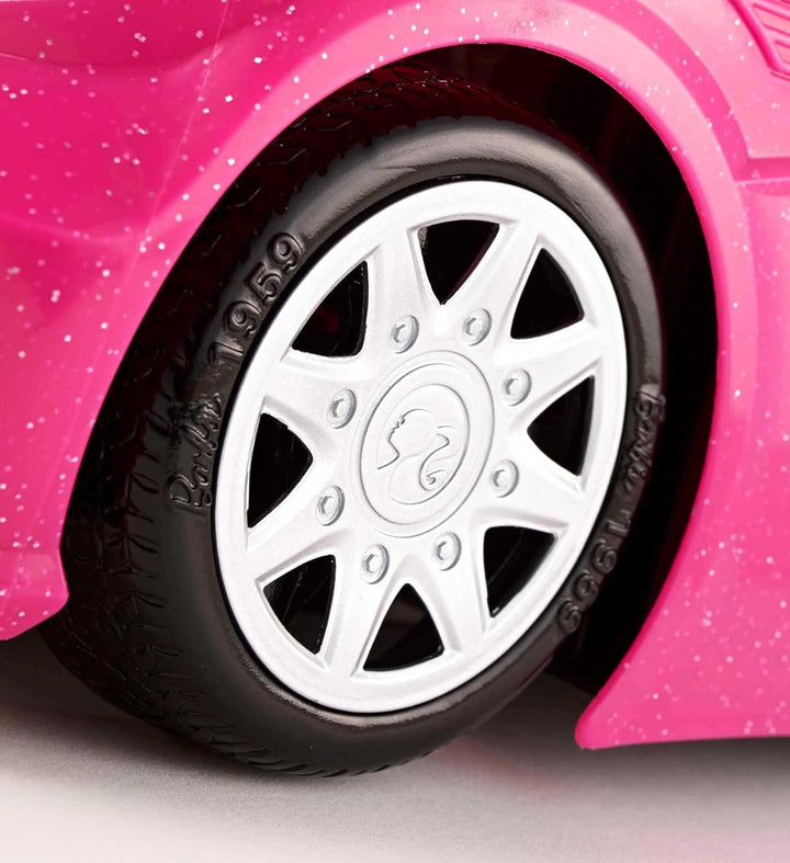 Barbie Puppe und Cabrio in rosa mit Glitzer, realistische Reifen und Barbie Logo, Spielzeug ab 3 Jah