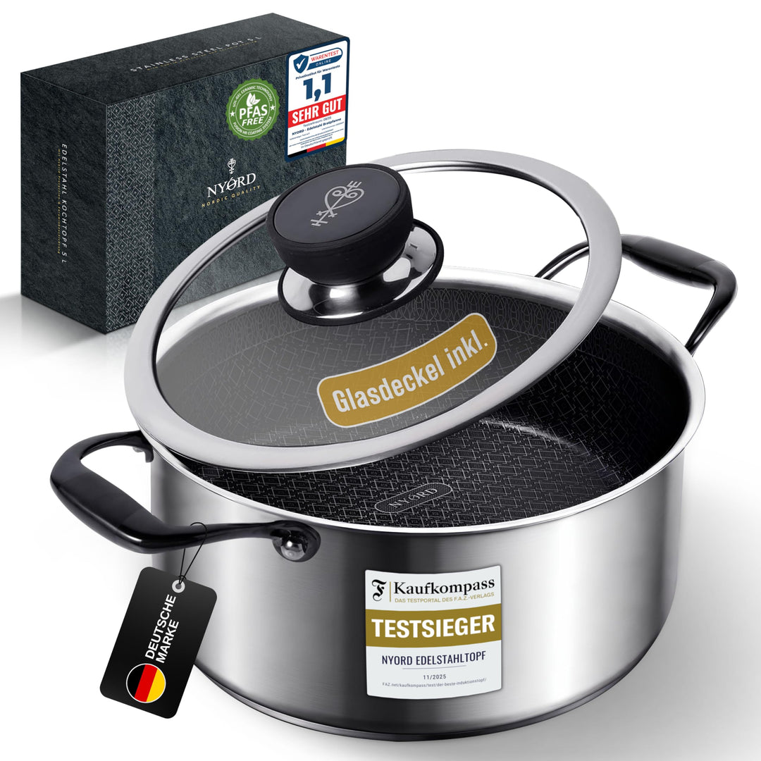 NYORD Edelstahltopf - Antihaft, Kratzfest, Kochtopf Wabenstruktur, Spülmaschinenfest, Hybrid Topf, K