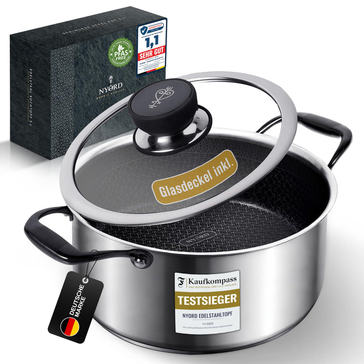NYORD Edelstahltopf - Antihaft, Kratzfest, Kochtopf Wabenstruktur, Spülmaschinenfest, Hybrid Topf, K