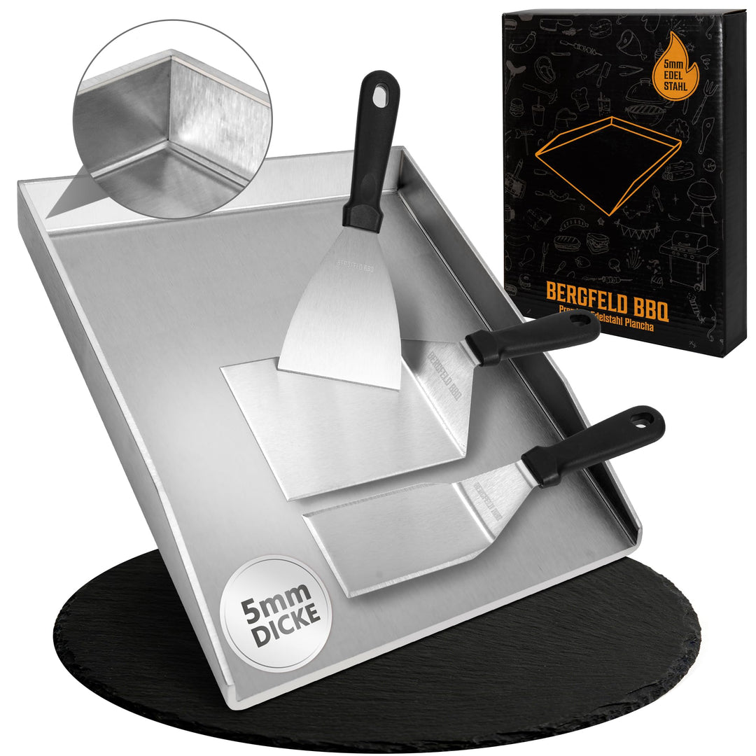 Bergfeld BBQ Grillplatte - Premium Plancha Set [30x40 cm] - 5mm dicker Edelstahl - 25% dicker als di