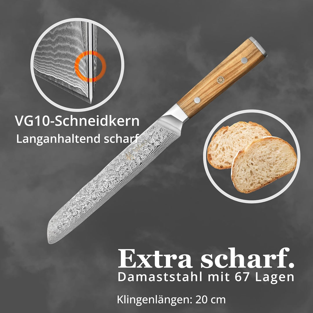 Wakoli Oribu Brotmesser 20 cm extrem scharfe Klinge aus 67 Lagen I Damast Küchenmesser und Profi Koc