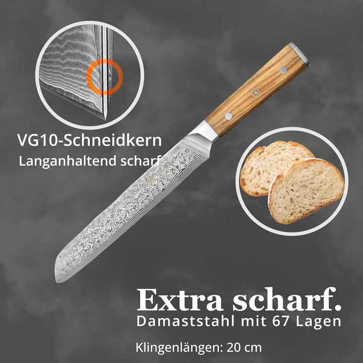 Wakoli Oribu Brotmesser 20 cm extrem scharfe Klinge aus 67 Lagen I Damast Küchenmesser und Profi Koc