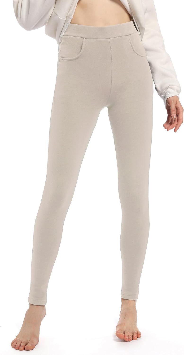Winter Gefütterte Thermo Leggings aus Baumwolle mit Taschen | High Waist Damen Thermoleggings mit Fl