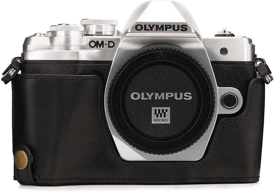 MegaGear Ever Ready Leder Kamera Halbtasche mit Trageriemen kompatibel mit Olympus OM-D E-M10 Mark I